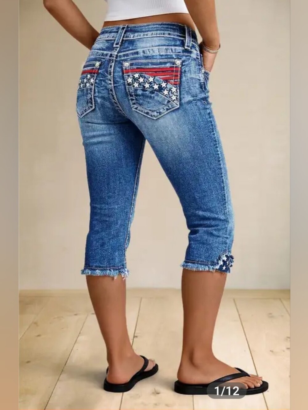 Flamingals Stripe & Star Embroidery Raw Hem Mid Waist Skinny Capri Jeans Medium